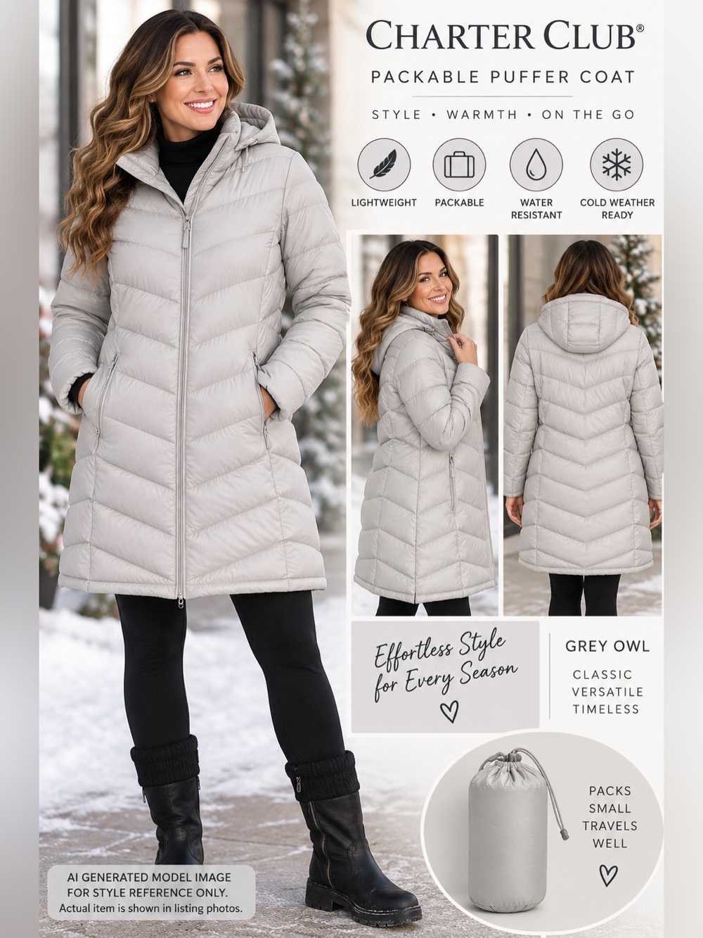 Charter Club Grey Owl Long Packable Hooded Puffer Coat